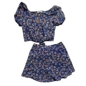 Speechless Girls 2pc Blue Floral Matching Skirt Set Puff‎ Sleeve Top Size12